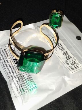 Gold Bracelet and Ring Set with Emerald Green Stones - Women Jewelry